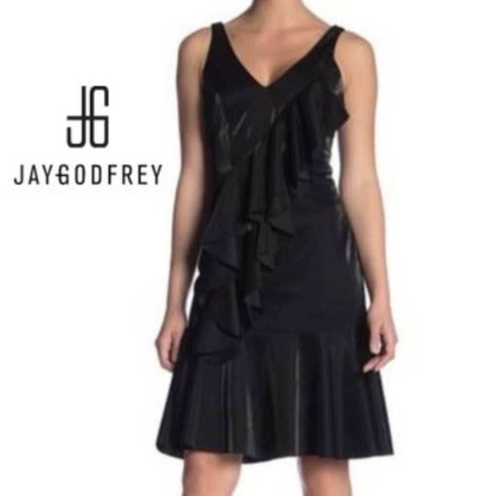 NWT- Jay Godfrey Canston Black Shimmer Ruffled Sleeveless Dress
